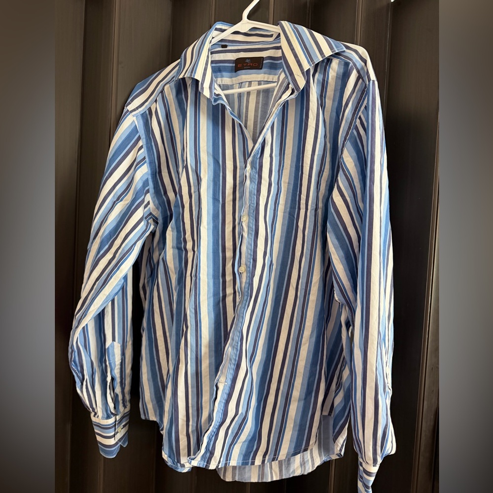 Etro Men's Blue and White Striped Button-Down Shirt